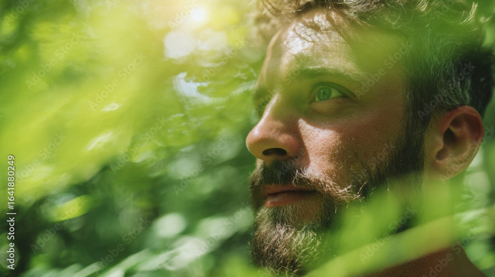 Poster a man stands in a dense forest, deep in thought as sunlight filters through leaves. the greenery sur