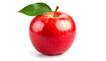Single red apple with green leaf