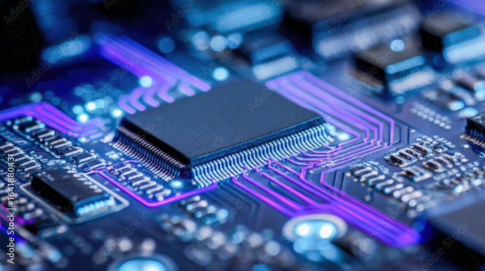 Poster circuit board macro featuring processor with glowing purple traces ideal for high-tech industry and 