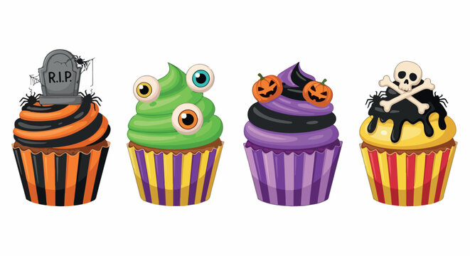 Halloween-themed colorful cupcakes with spooky decorations, ideal for festive designs, party invites, and seasonal graphics