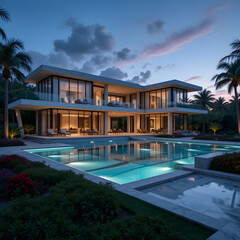 Elegant Modern Villa with Glowing Pool at Twilight – Luxury Evening Home Scene"