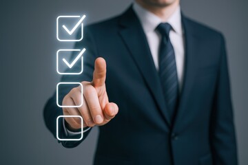 Businessman Pointing to Digital Checklist: Task Management, Project Approval, and Business Success