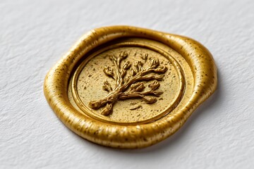 A gold seal wax imprint creating a shiny, rough texture on a white background, symbolizing authenticity and elegance.