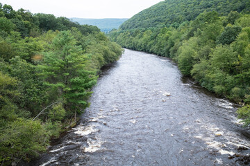 A serene river flows through lush green vegetation, flanked by rolling hills under a cloudy sky, creating a peaceful natural landscape
