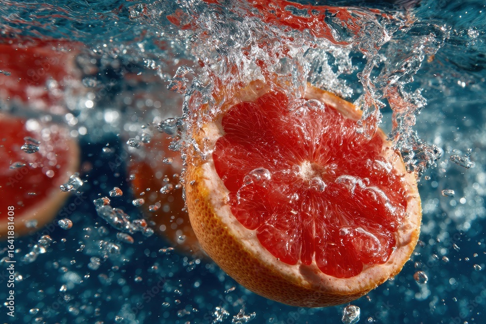 Poster grapefruit slices splash into clear water creating vibrant bubbles and dynamic patterns