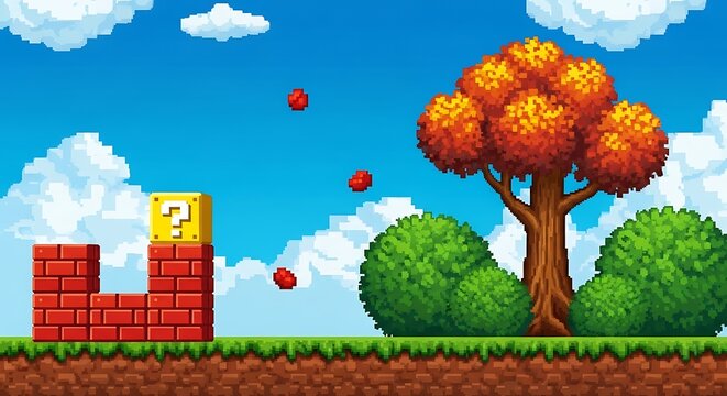 Pixelated game background with classic elements and sky view