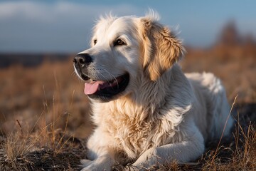 A Golden Retriever lying on a grassy field with a happy expression, showcasing the beauty and joy of dogs in nature.