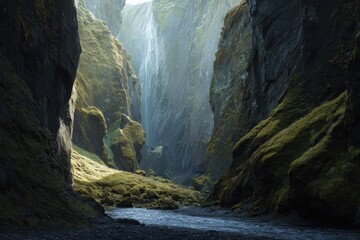 Majestic waterfall flowing through a narrow canyon surrounded by lush greenery and dramatic rock formations in the early morning light