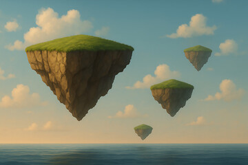 Floating grass-covered rocky islands over calm ocean horizon, surreal fantasy landscape, 3D illustration of levitating land masses in blue sky with clouds, magical floating terrain, dreamlike nature s