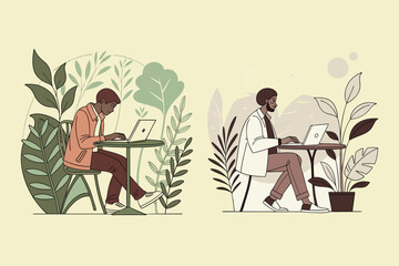 Remote Work Illustration – Outdoor and Indoor Workspace with Laptop and Plants