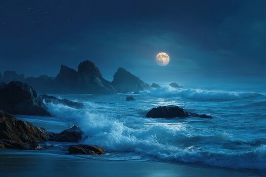 Moonlit ocean waves crash against rocky shore under a clear night sky