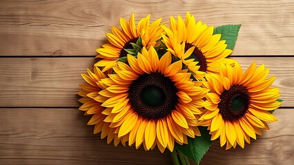 Sunflower bouquet on a rustic wooden surface with warm directional lighting.