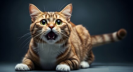 Captivating ginger tabby cat with striking green eyes and an open mouth looking directly at the camera with surprise and curiosity