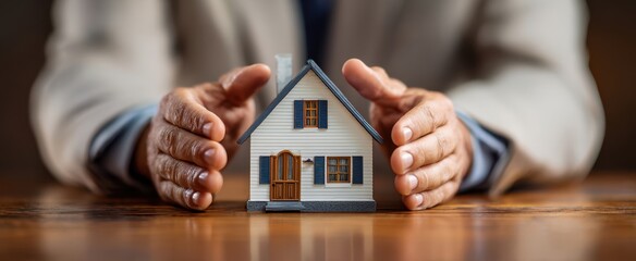 The hands protecting a model house symbolizing real estate investment and security.