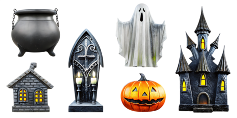 Halloween objects cauldron ghost pumpkin castle tombstone isolated on a transparent background