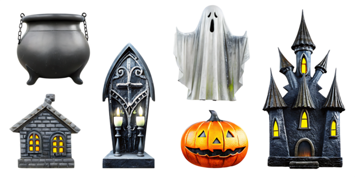 Halloween objects cauldron ghost pumpkin castle tombstone isolated on a transparent background
