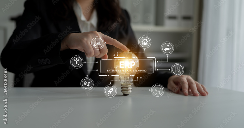 Poster erp platform visual showing centralized system for enterprise resource planning, improving integrati