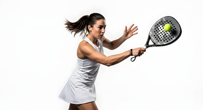 Dynamic female athlete playing padel with focus and power against a bright white background, showcasing athletic grace and competitive spirit