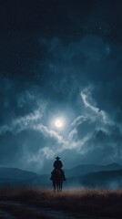 Fototapeta premium Lone rider on horseback, silhouetted, facing moon in night sky over distant mountain range