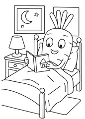 coloring book page of a carrot reading a book in bed at night.