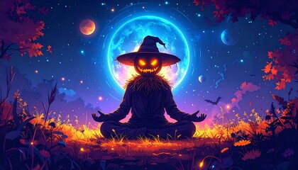 Spooky scarecrow meditating under a vibrant moon
