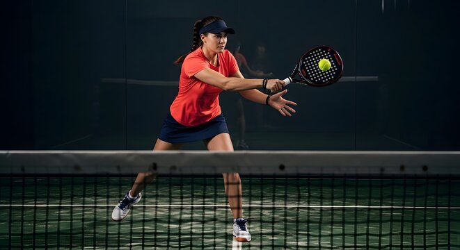 Dynamic female athlete playing padel, poised for a powerful shot during a competitive sports match, showcasing athleticism and modern racket sport action