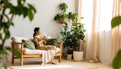 Obraz premium Woman relaxing on couch indoor space