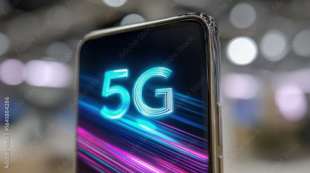 Aufkleber smartphone displaying 5g technology with neon graphics and sleek design for high-speed wireless comm