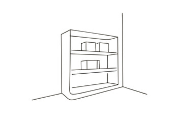 Minimalist single line drawing a three shelf unit with boxes storage display