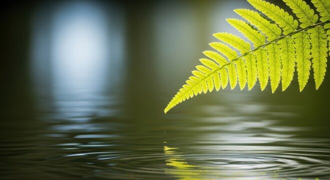 A Fern Frond Drips Water Into Reflective Water Surface