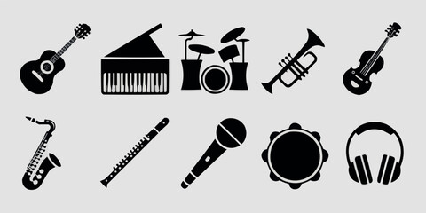 Obraz premium Collection of Musical Instrument Icons Including Guitar Piano Drums Trumpet Violin Saxophone Clarinet Microphone Tambourine and Headphones Black and White