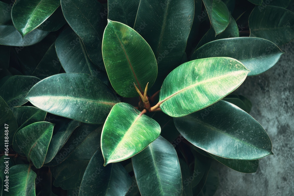 Poster ficus elastica leaves showcase rich green color with strong veins in a close-up setting