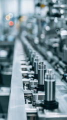 Obraz premium automated conveyor producing identical products, slow motion parts moving, mechanical arms operating smoothly