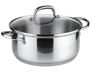 Stainless Steel Cooking Pan with Glass Lid, isolated on transparent background.