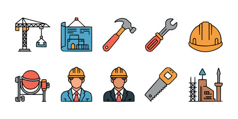 Construction and building industry vector icons set including tools equipment and workers for various construction projects