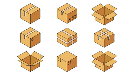 Cardboard boxes in various states of closure and open packaging shipping