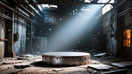 Dramatic Industrial Scene with Brushed Steel Product Podium