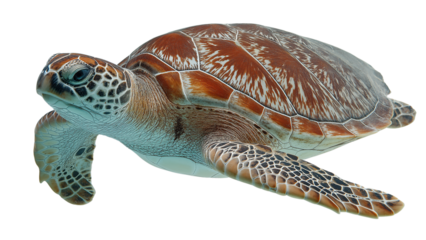 Underwater turtle gliding in side pose with detailed shell and fins, clear ocean animal full view on clean white backdrop 4k image