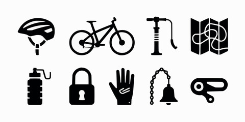 Essential bicycle gear illustration on white background for safe and enjoyable cycling adventures and active lifestyle promotion with detailed icon representation