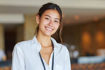 Fototapeta premium ai assistant greeting hotel guests with warm smile providing them with personalized tour recommendations