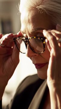 Extreme close-up video of elegant, manicured hands gracefully adjusting classic tortoise-shell eyeglasses, lit by soft golden hour light against creamy bokeh. Personal insight and refined elegance