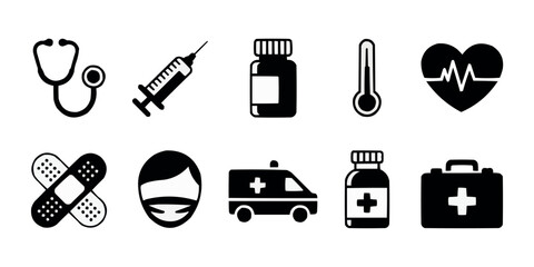 Fototapeta premium Healthcare and Medical Icons Set with Stethoscope Syringe Thermometer Heartbeat and First Aid Kit Symbols