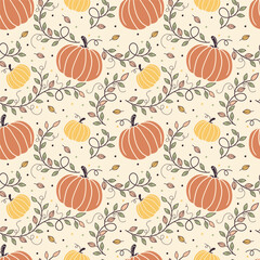 Seamless pattern with autumn pumpkins and decorative leafy branches, a festive seasonal background for design and decor.