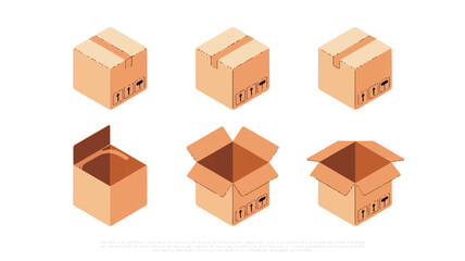 Six isometric cardboard boxes open and closed with fragile symbols packaging shipping