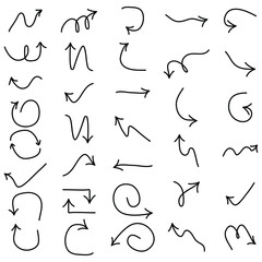 A collection of hand-drawn arrows in various styles and directions, including curved, looped, zigzag, and spiral designs, isolated on a white background for creative graphic and design projects.