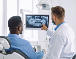 A dentist points to a patient's x-ray, explaining the diagnosis.
