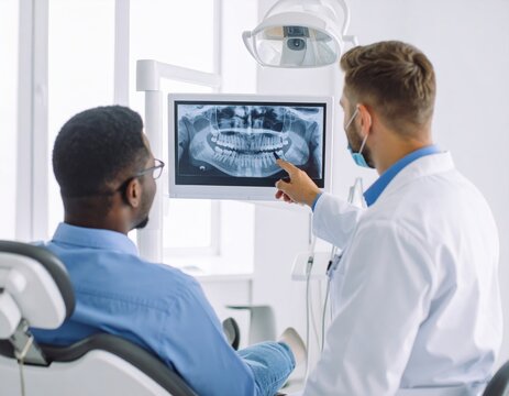 A dentist points to a patient's x-ray, explaining the diagnosis.