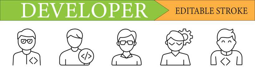Developer linear icons set. A customizable collection of symbols for software programmers, engineers, and IT specialists. Editable stroke.