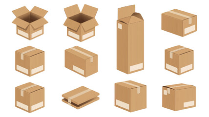 Various brown cardboard boxes with labels and tape packaging shipping