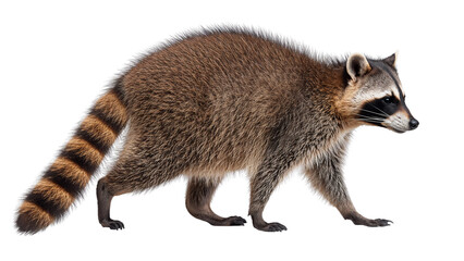 Walking raccoon in side view with bushy striped tail and masked face, natural forest background removed, real look, full view, on white background, 4k, unique, no blur, clear view
